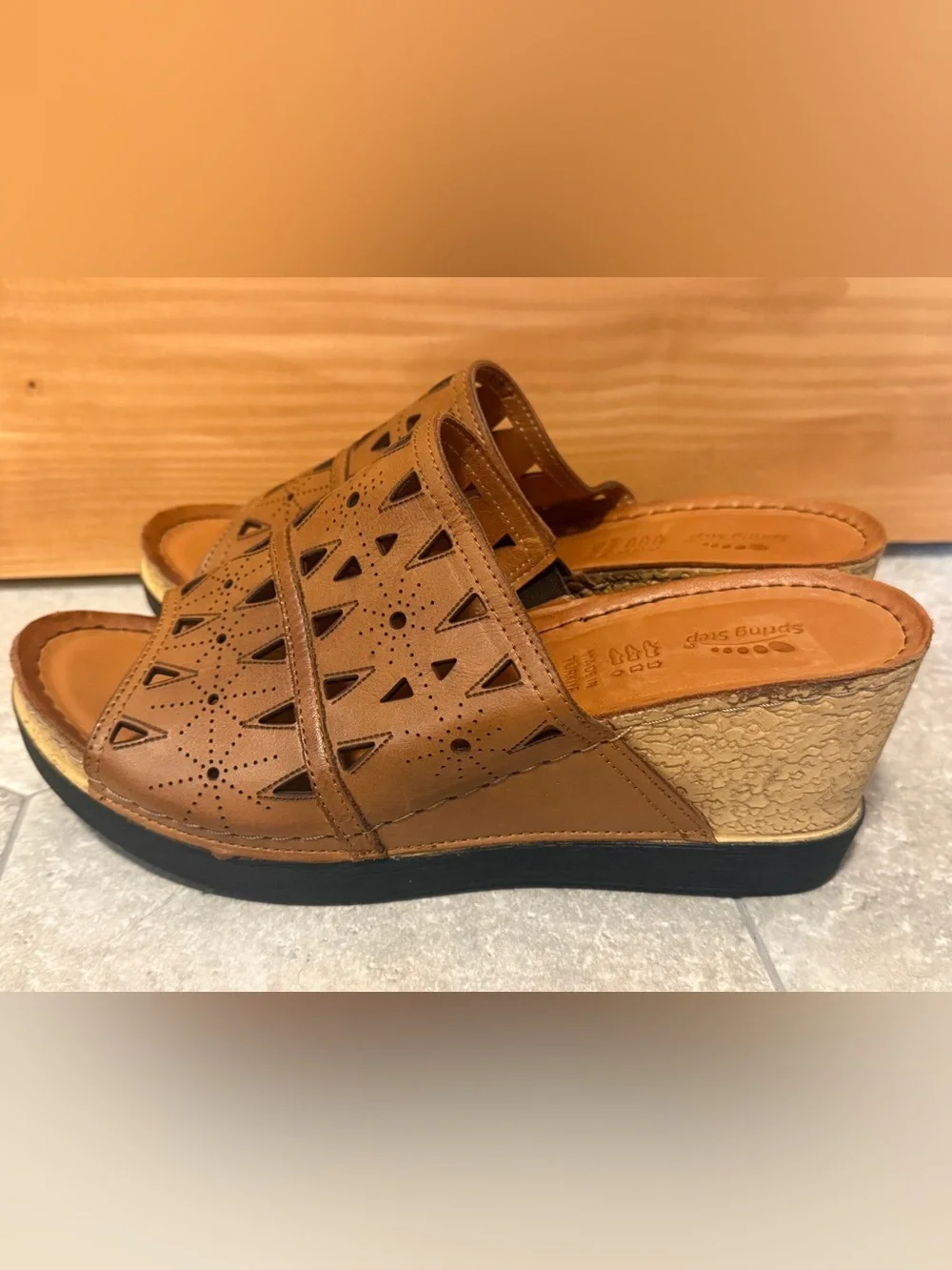 SpringStep NEW Fusawedge Brown Leather Cut Out Cork Sole Wedge Sandals 41/9.5-10